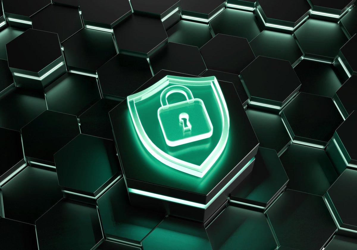 Cybersecurity Shield: A luminous digital shield, emblazoned with a padlock icon