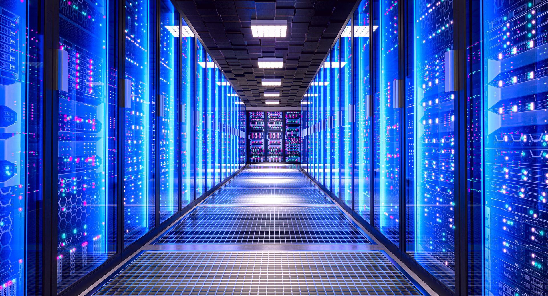Server racks with flashing lights in a modern data center aisle, illustrating cloud computing