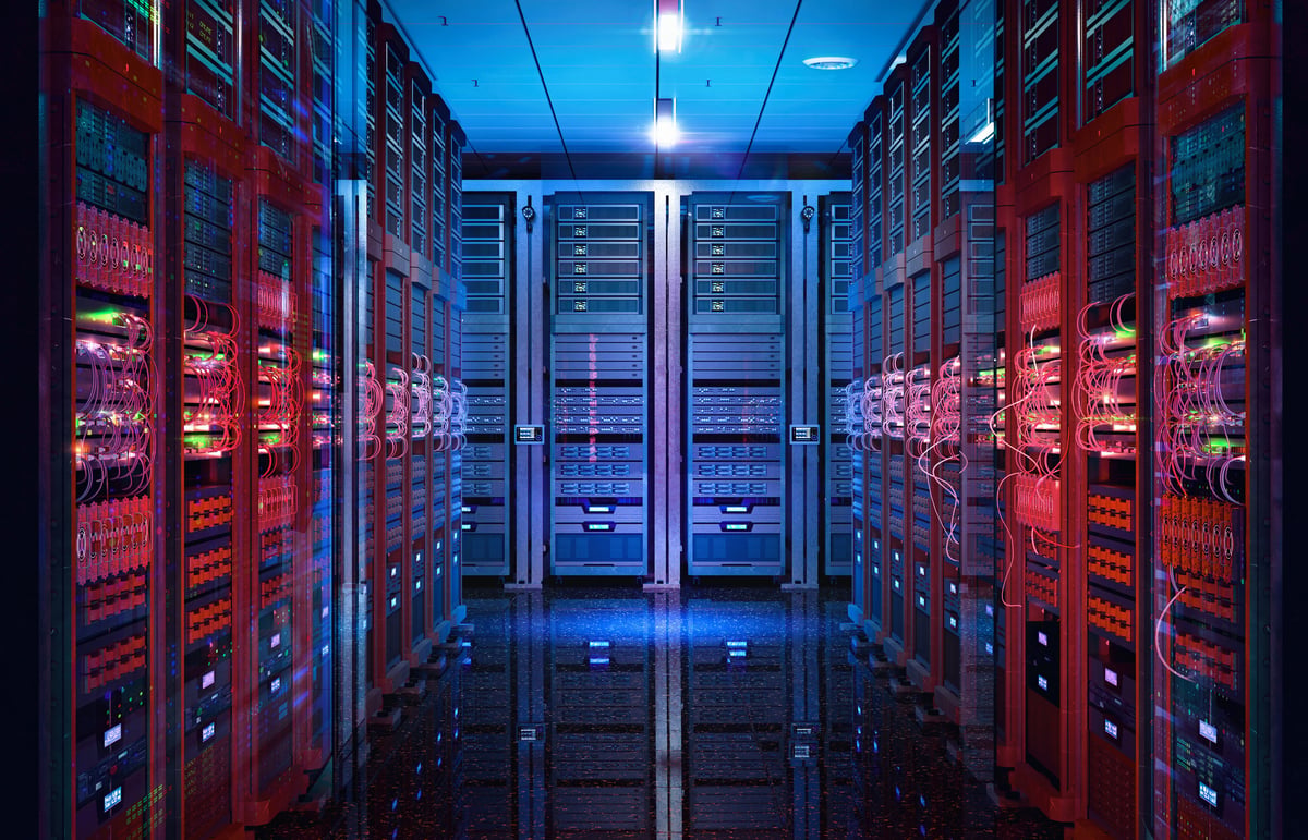 Data center server racks. IT modern hardware server room, data storage center, database information system. Hosting, it data backup, computing technology service, network security, cybersecurity, artificial intelligence supercomputers. For fintech, Saas platforms