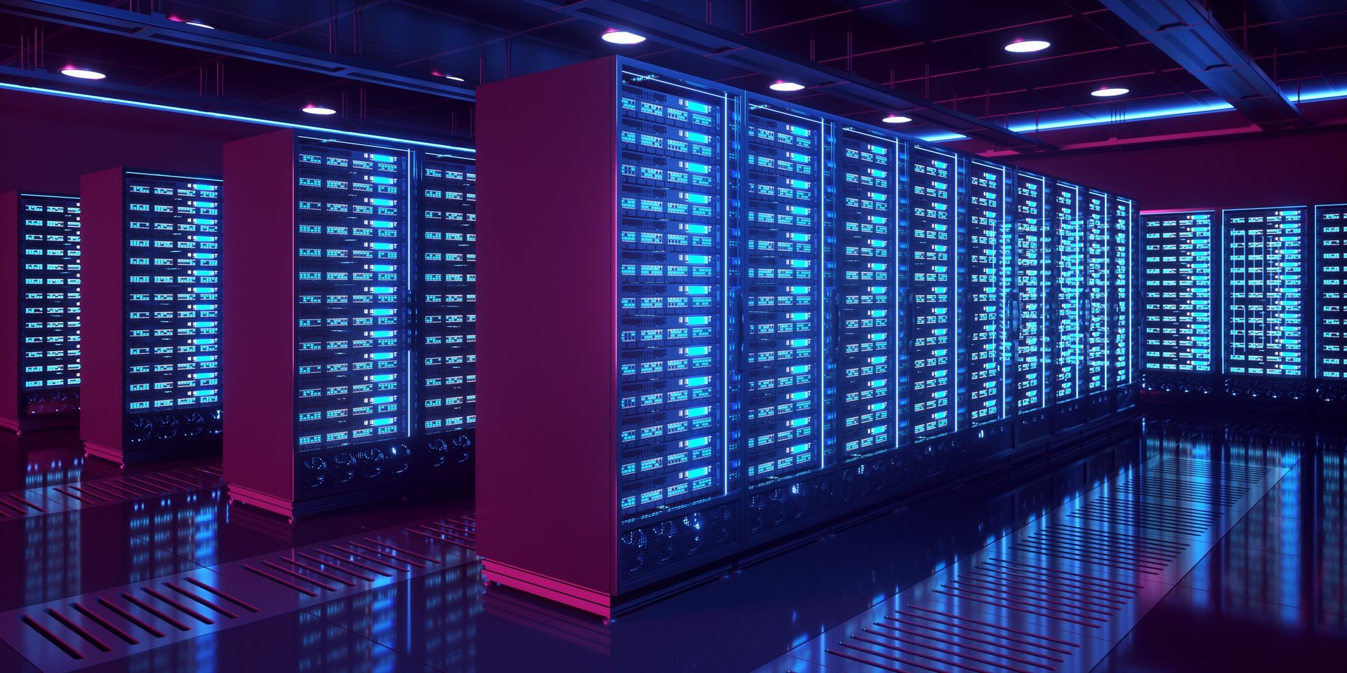 Interior of a modern data center with dark colors and blue and red lighting