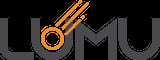 Lumu logo featuring gray text with an orange circular icon and two diagonal lines above it