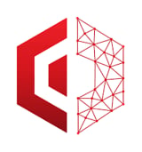 Red geometric logo featuring a stylized hexagon shape with interlocking angular segments and a wireframe network pattern