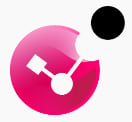 Pink circular icon with white connected nodes and a small black circle in the top right corner