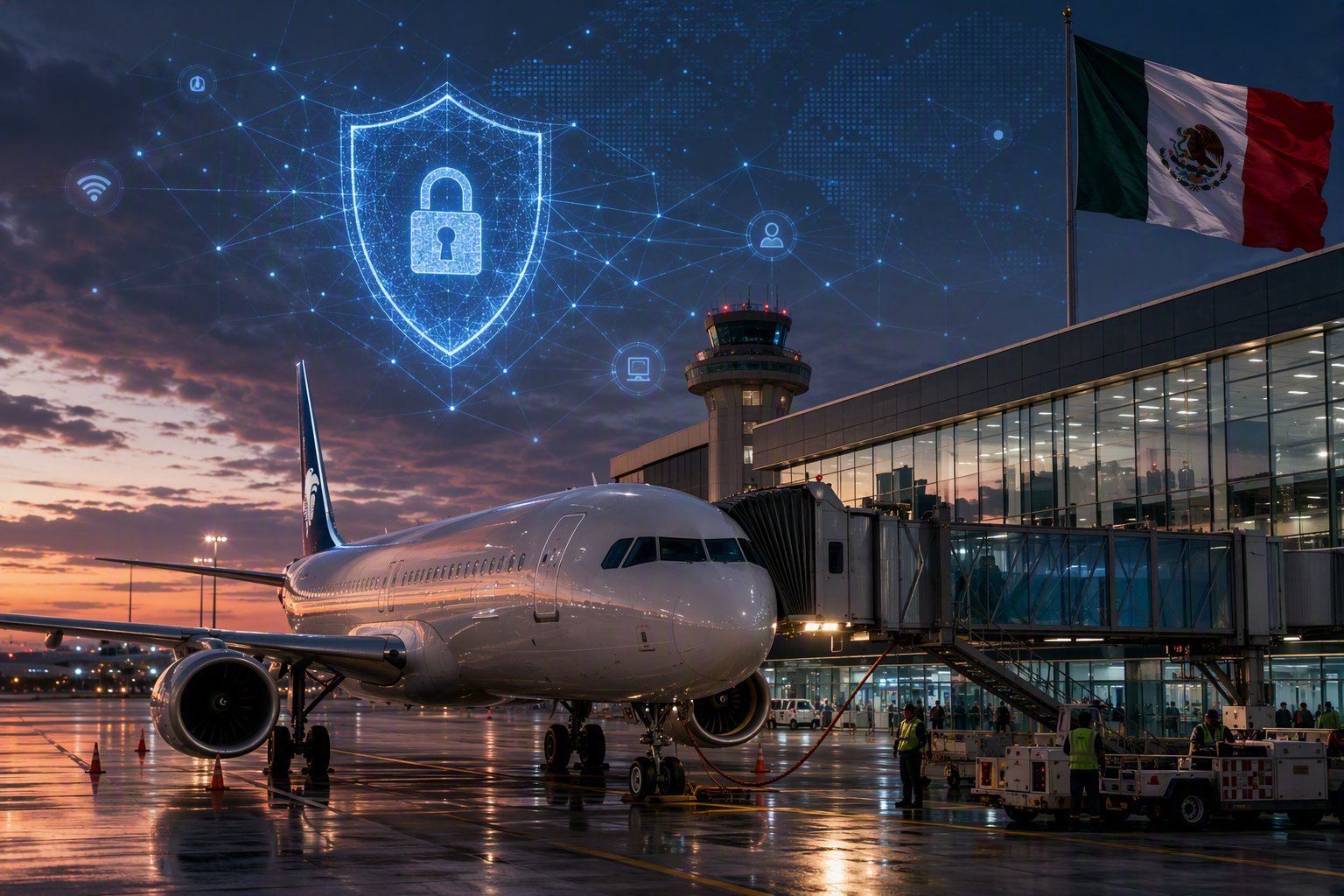 Aircraft at airport terminal with glowing security shield icon and Mexican flag at dusk